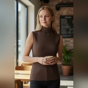 August Silk Brown Sleeveless Mock Neck Top | Silk Blend Ribbed Knit Size Large